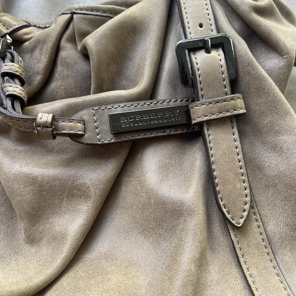 Burberry Gray Suede Belted Pleated Leather Hobo‎ Shoulder Bag